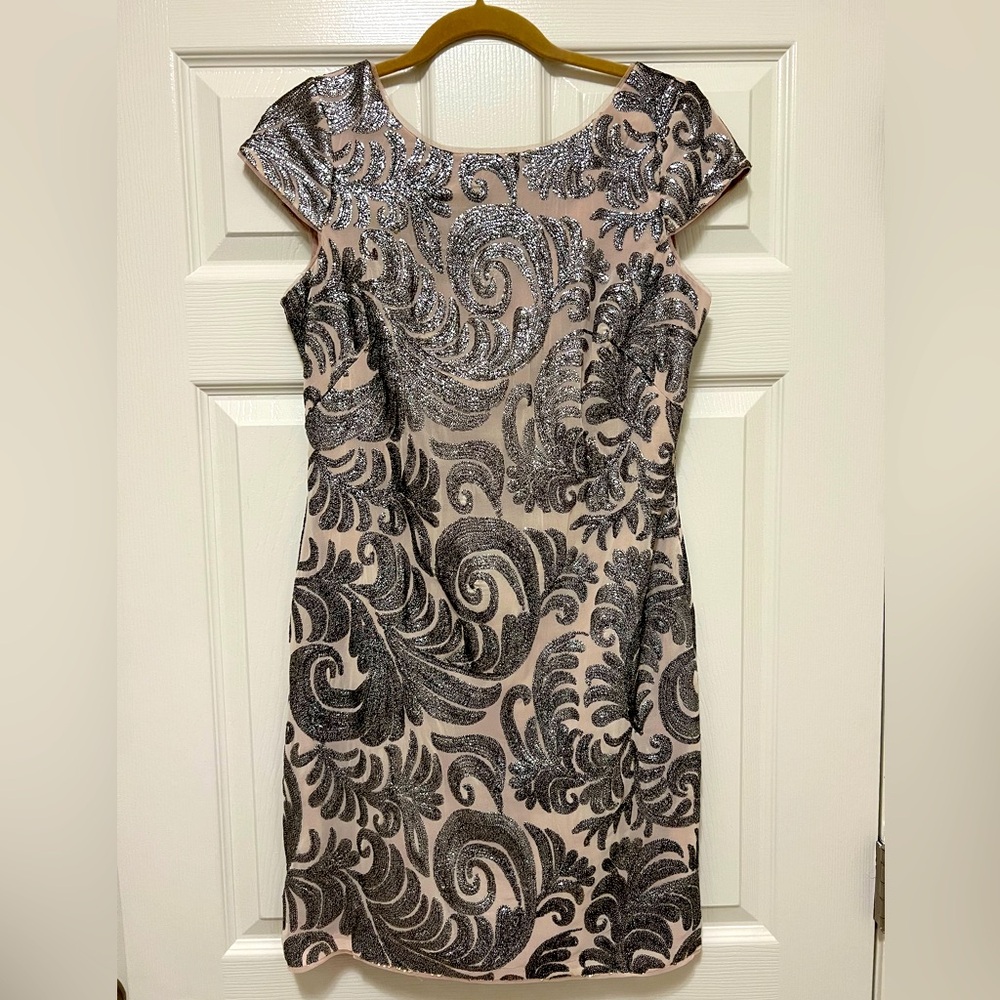 Adrianna Papell Silver Sequin Cocktail Dress with Flutter Cap Sleeves